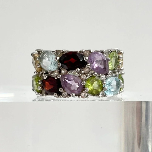 Vintage Sterling Multi Gemstone Oval Cut Prong Held Cocktail Ring - sz 5.75 - Picture 1 of 10
